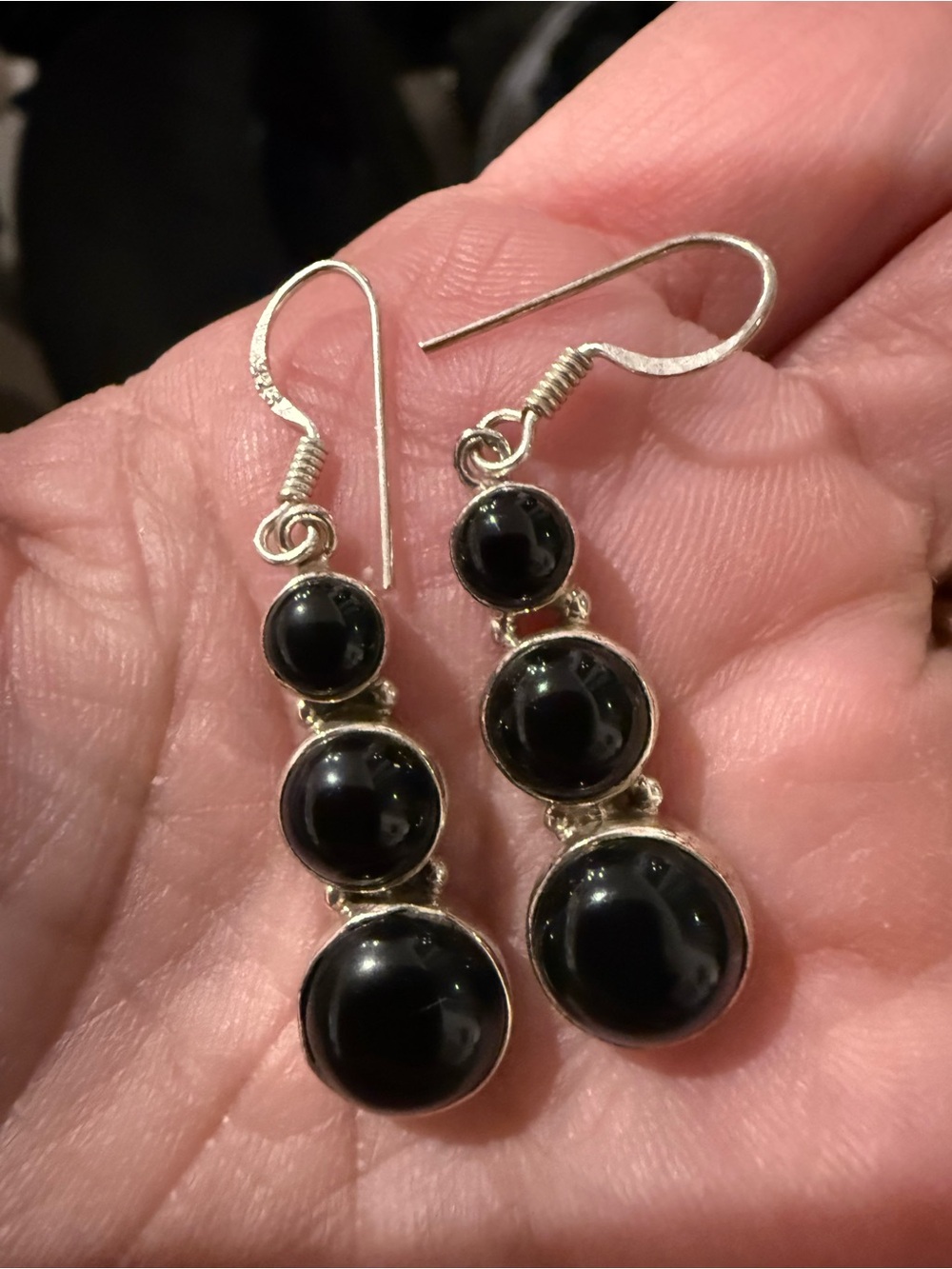 8 vintage Sterling Silver Black Onyx Triple-Dome Drop Earrings - Unbranded